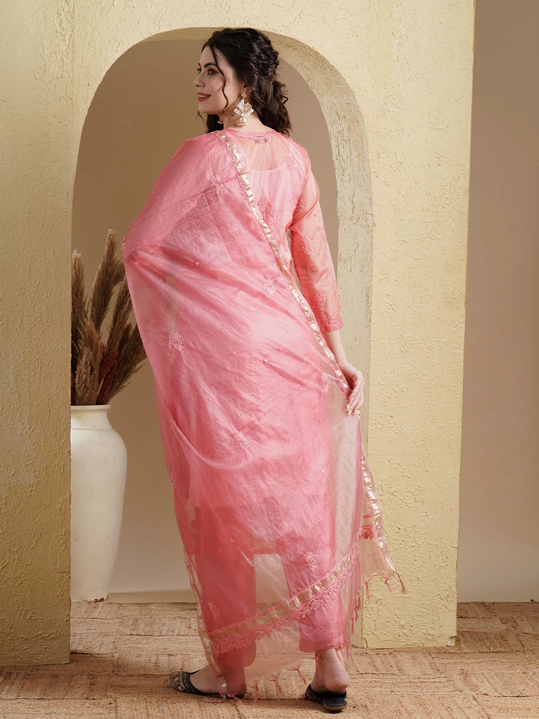 Ada Hand Embroidered Pink Organza Lucknowi Chikankari Straight Kurta Dupatta And Pant Set 01A501472