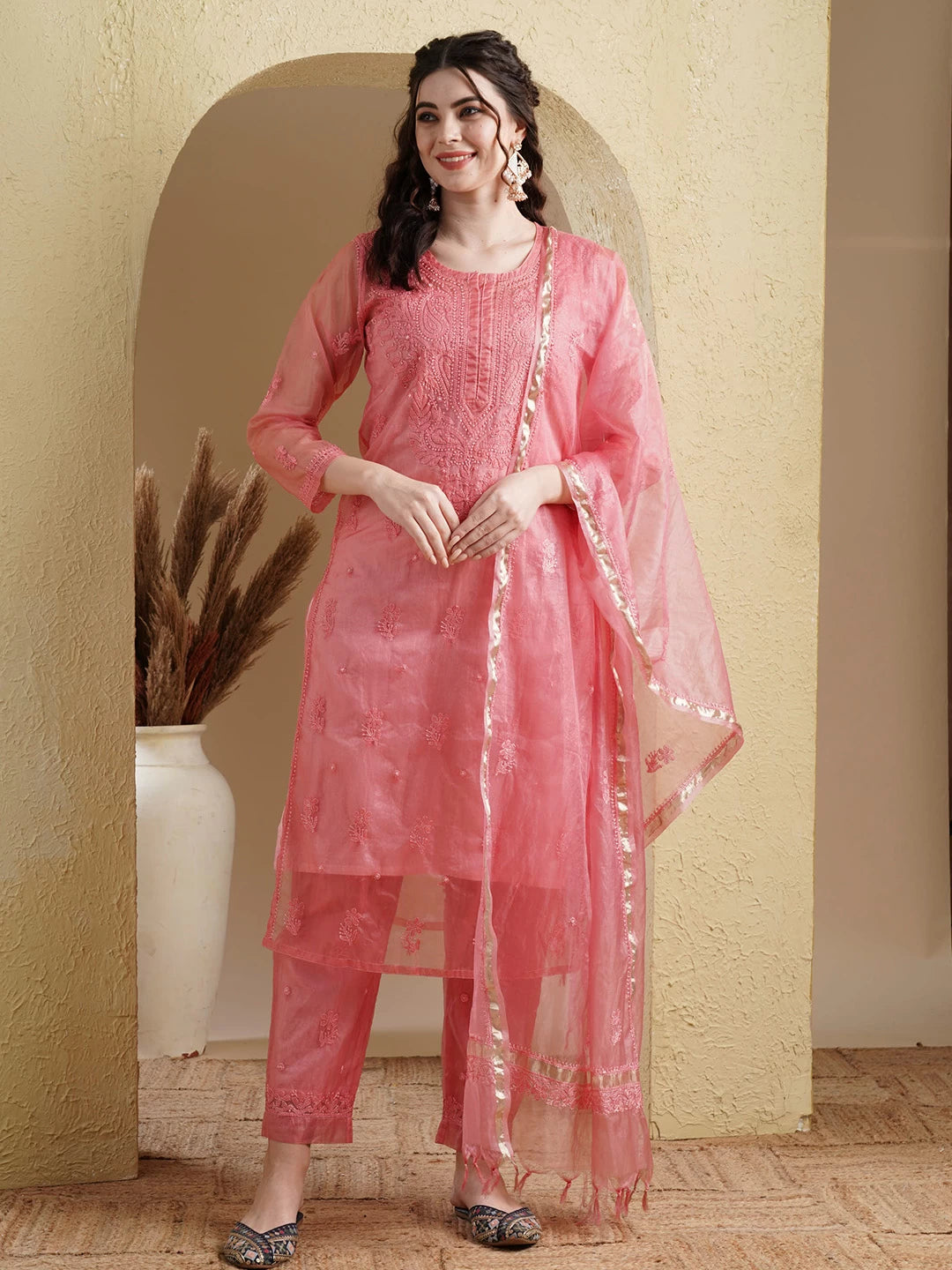 Ada Hand Embroidered Pink Organza Lucknowi Chikankari Straight Kurta Dupatta And Pant Set 01A501472