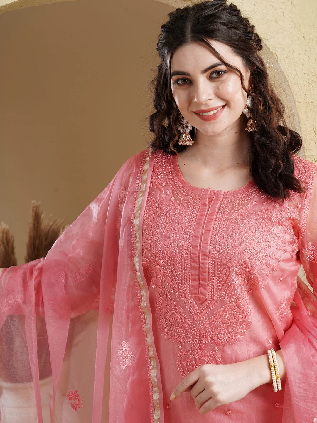 Ada Hand Embroidered Pink Organza Lucknowi Chikankari Straight Kurta Dupatta And Pant Set 01A501472