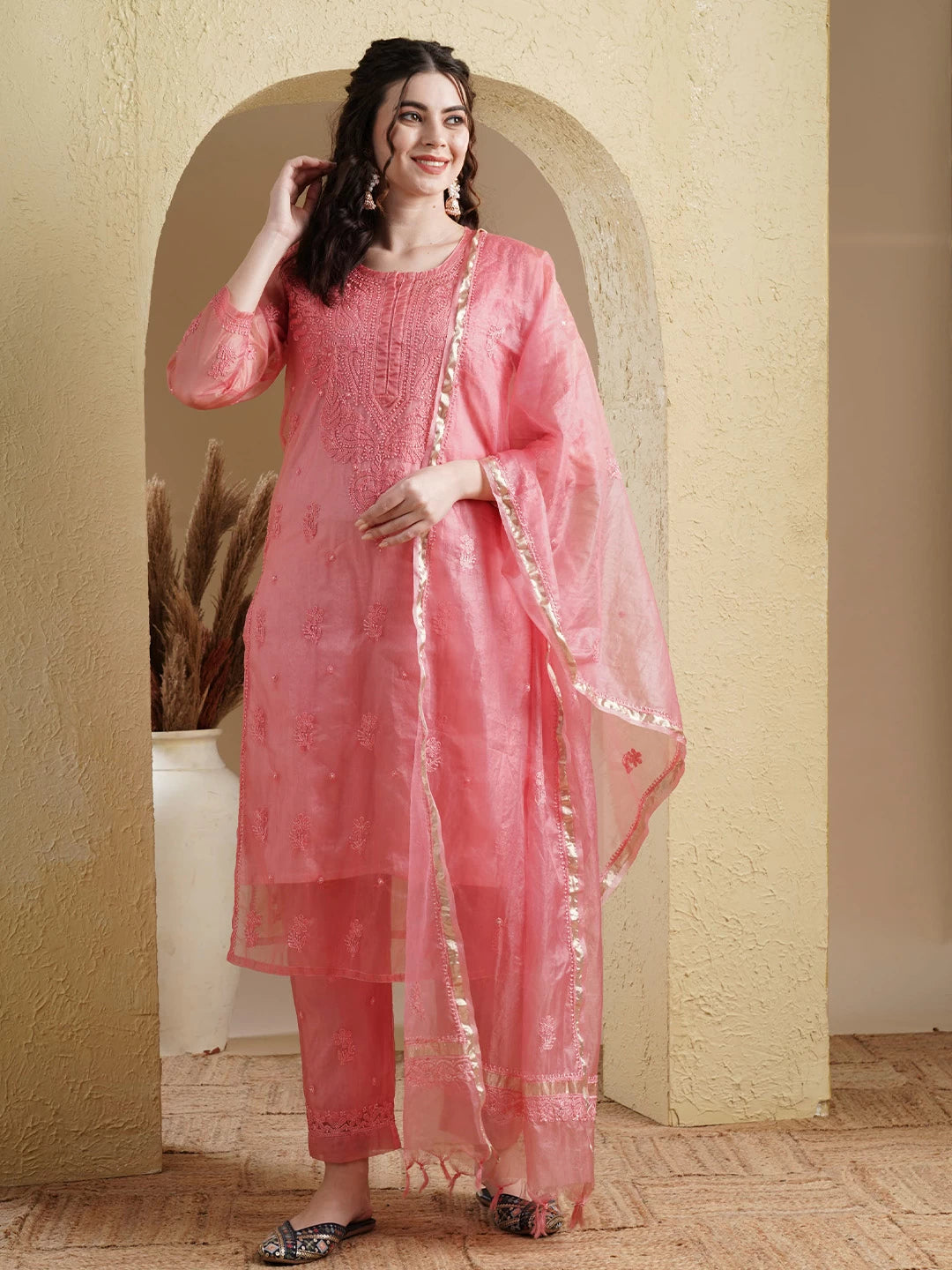 Ada Hand Embroidered Pink Organza Lucknowi Chikankari Straight Kurta Dupatta And Pant Set 01A501472