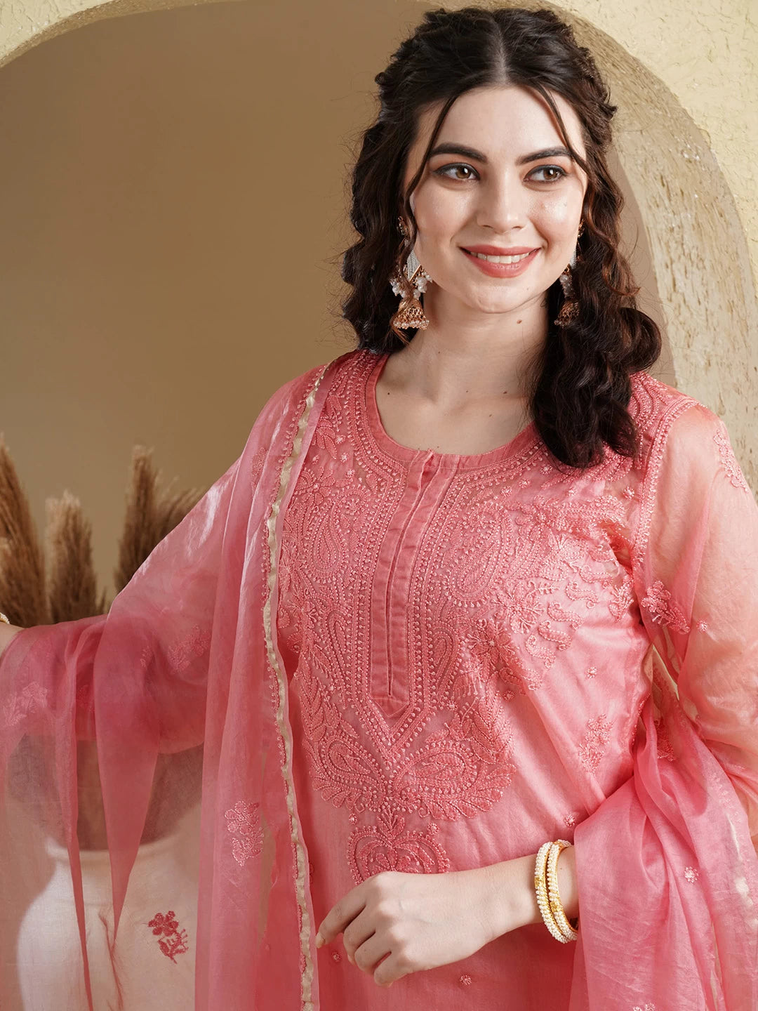 Ada Hand Embroidered Pink Organza Lucknowi Chikankari Straight Kurta Dupatta And Pant Set 01A501472