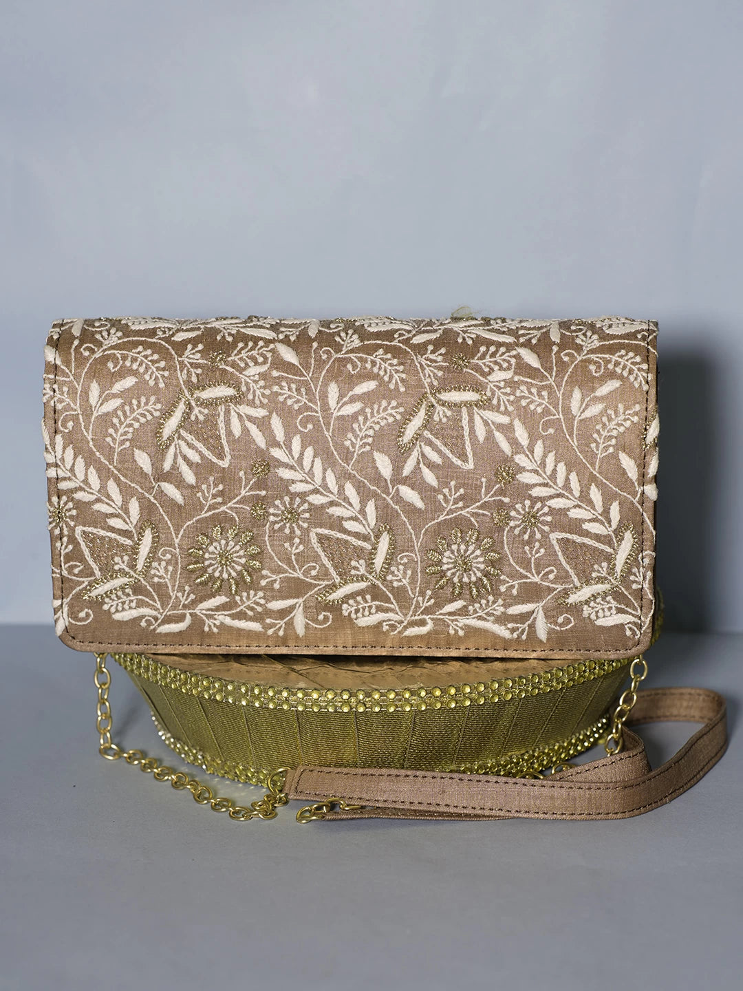 Ada Hand Embroidered Brown Silk Lucknowi Chikankari Clutch With Zari Work 01A518495