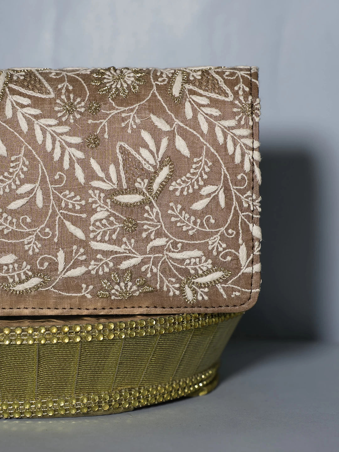 Ada Hand Embroidered Brown Silk Lucknowi Chikankari Clutch With Zari Work 01A518495