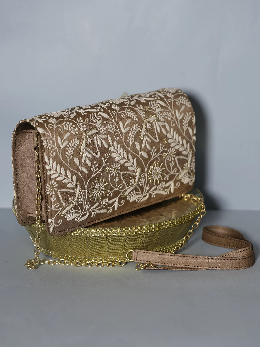 Ada Hand Embroidered Brown Silk Lucknowi Chikankari Clutch With Zari Work 01A518495