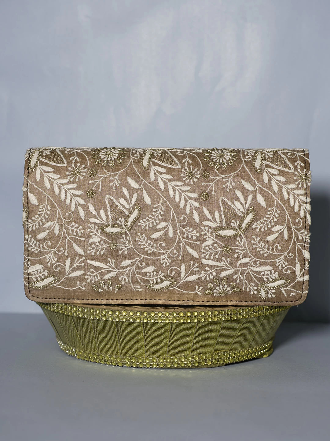 Ada Hand Embroidered Brown Silk Lucknowi Chikankari Clutch With Zari Work 01A518495