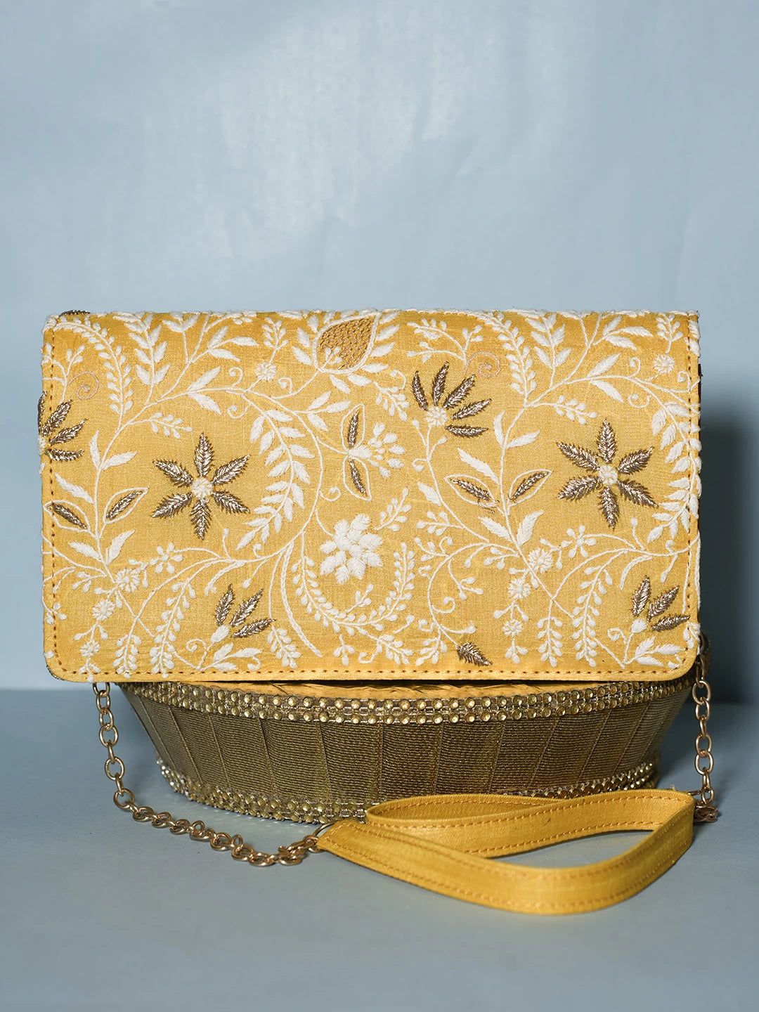 Ada Hand Embroidered Yellow Silk Lucknowi Chikankari Clutch With Zari Work 01A518492