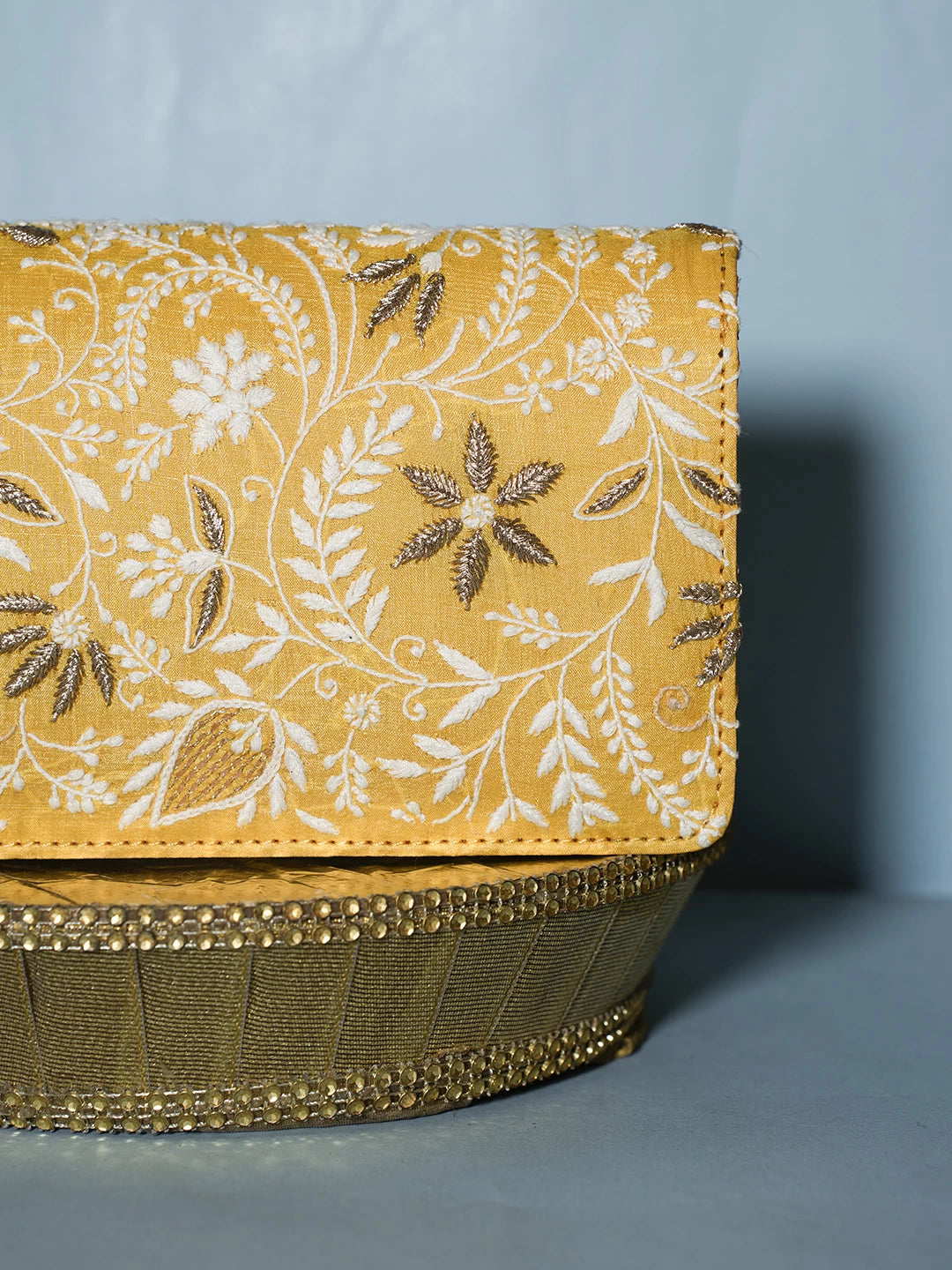 Ada Hand Embroidered Yellow Silk Lucknowi Chikankari Clutch With Zari Work 01A518492
