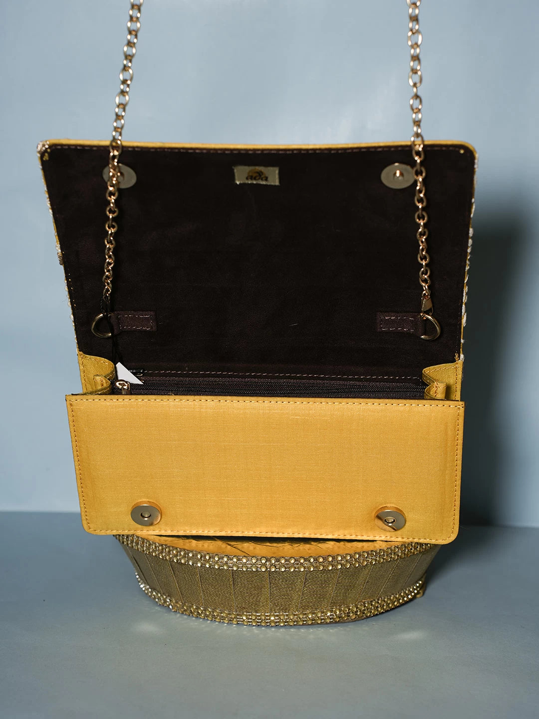 Ada Hand Embroidered Yellow Silk Lucknowi Chikankari Clutch With Zari Work 01A518492