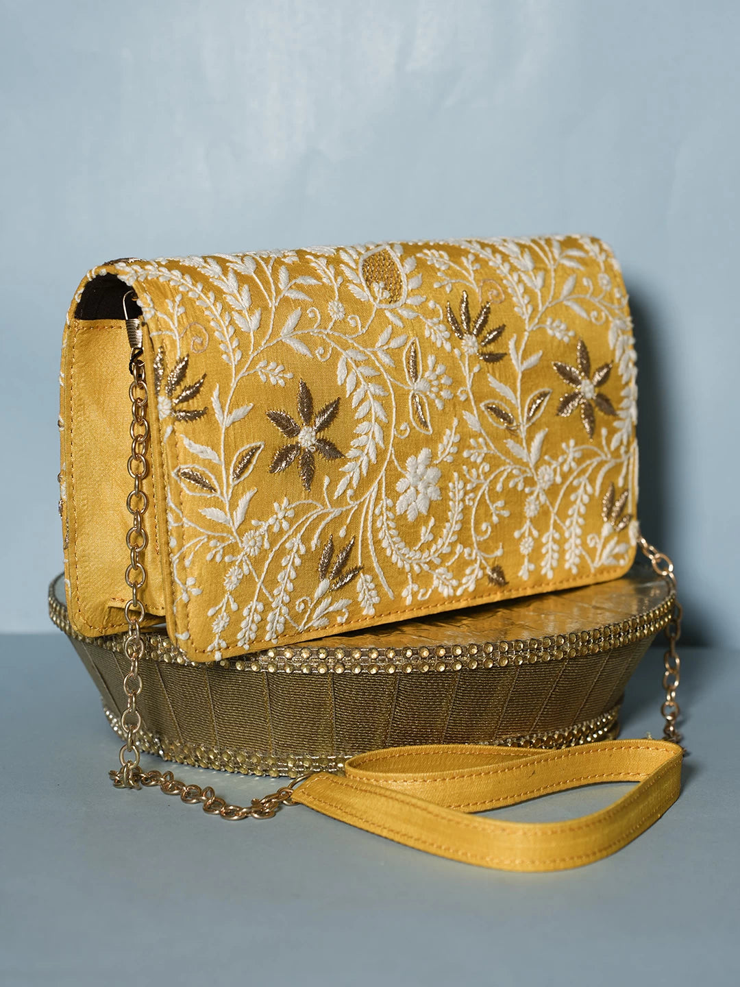Ada Hand Embroidered Yellow Silk Lucknowi Chikankari Clutch With Zari Work 01A518492