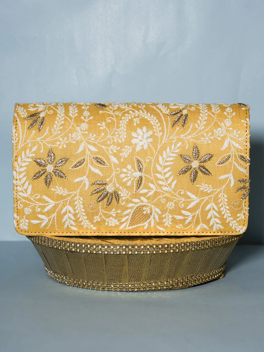 Ada Hand Embroidered Yellow Silk Lucknowi Chikankari Clutch With Zari Work 01A518492