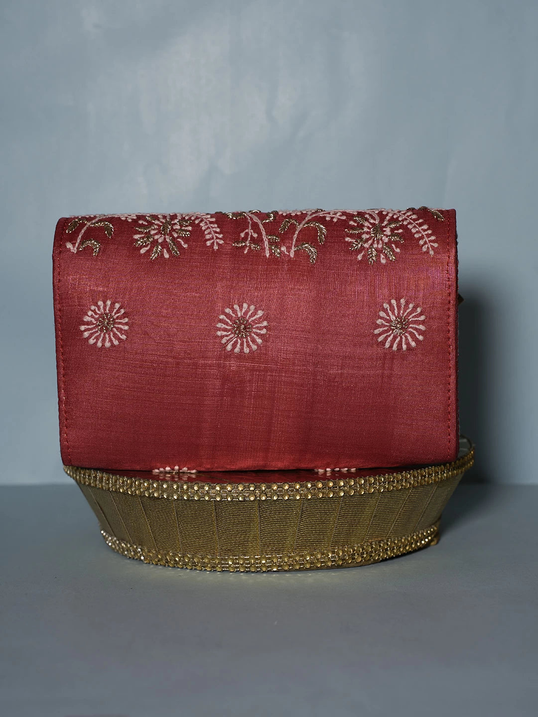 Ada Hand Embroidered Red Silk Lucknowi Chikankari Clutch With Zari Work 01A518523