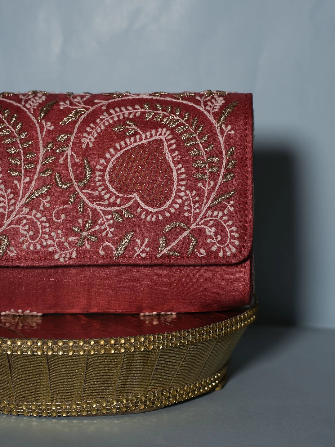 Ada Hand Embroidered Red Silk Lucknowi Chikankari Clutch With Zari Work 01A518523