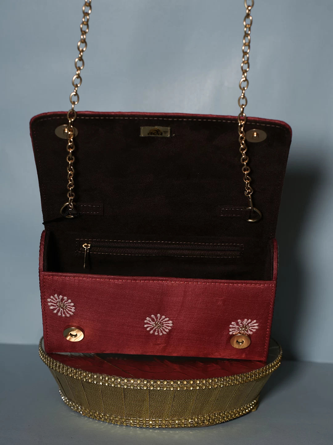 Ada Hand Embroidered Red Silk Lucknowi Chikankari Clutch With Zari Work 01A518523