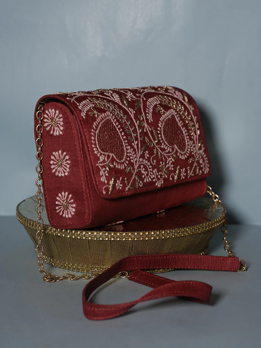 Ada Hand Embroidered Red Silk Lucknowi Chikankari Clutch With Zari Work 01A518523