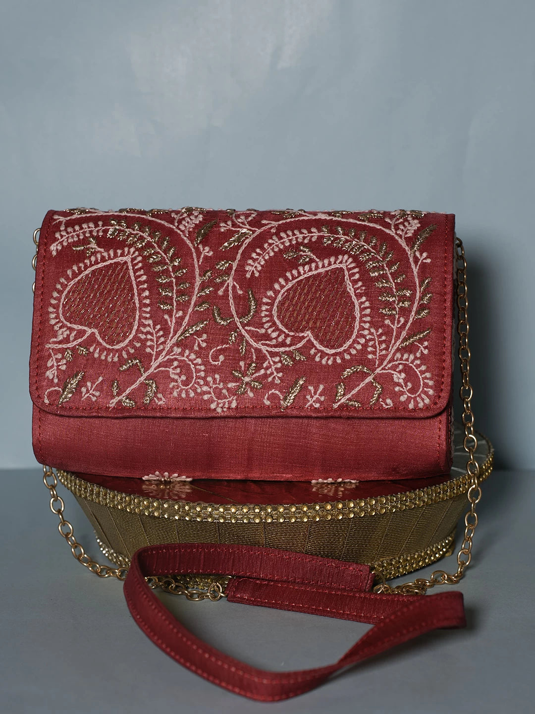 Ada Hand Embroidered Red Silk Lucknowi Chikankari Clutch With Zari Work 01A518523