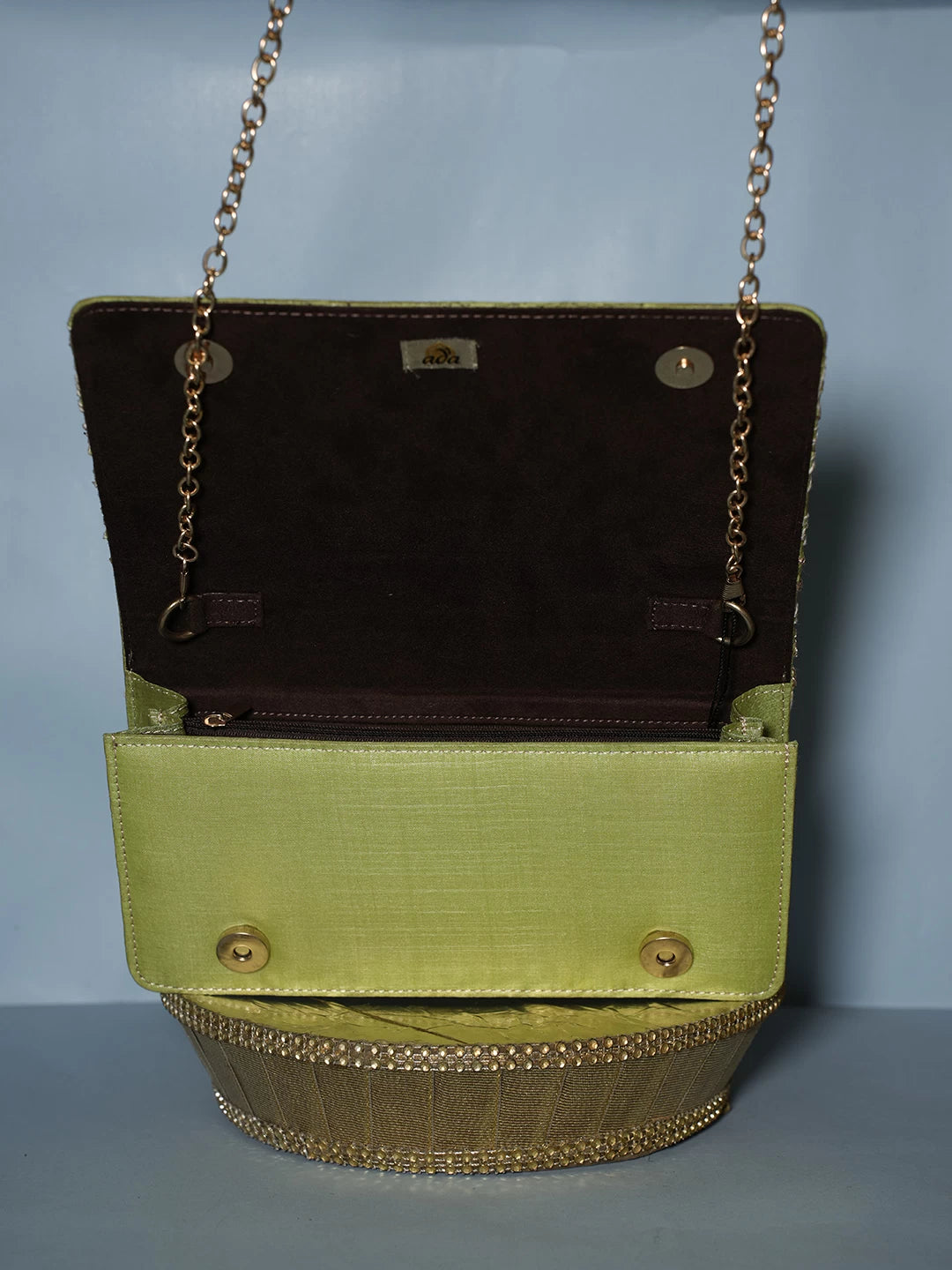 Ada Hand Embroidered Green Silk Lucknowi Chikankari Clutch With Zari Work 01A506854