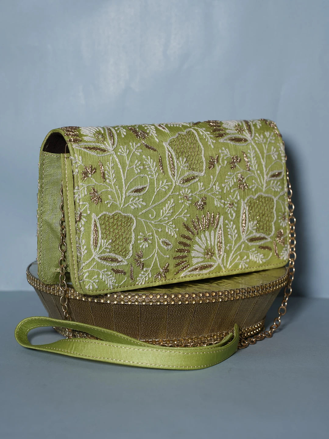 Ada Hand Embroidered Green Silk Lucknowi Chikankari Clutch With Zari Work 01A506854