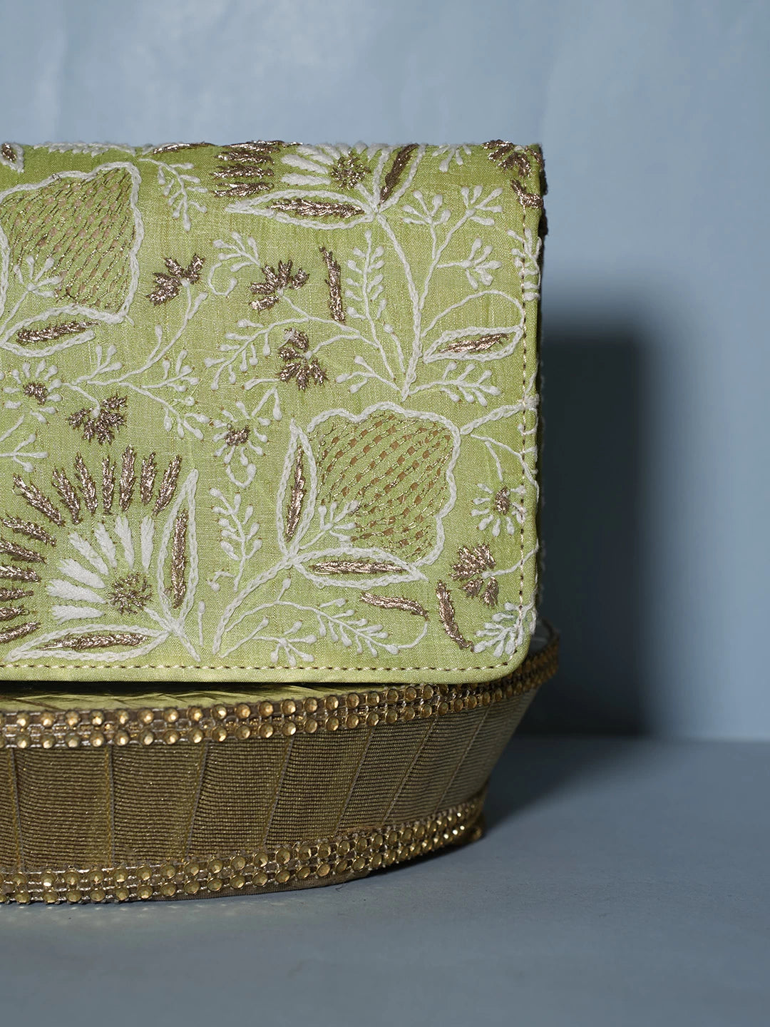 Ada Hand Embroidered Green Silk Lucknowi Chikankari Clutch With Zari Work 01A506854