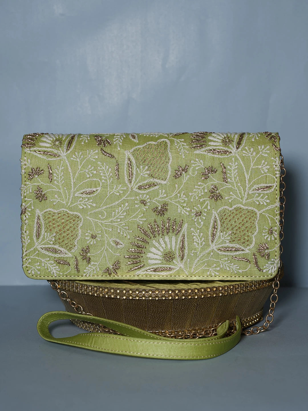 Ada Hand Embroidered Green Silk Lucknowi Chikankari Clutch With Zari Work 01A506854