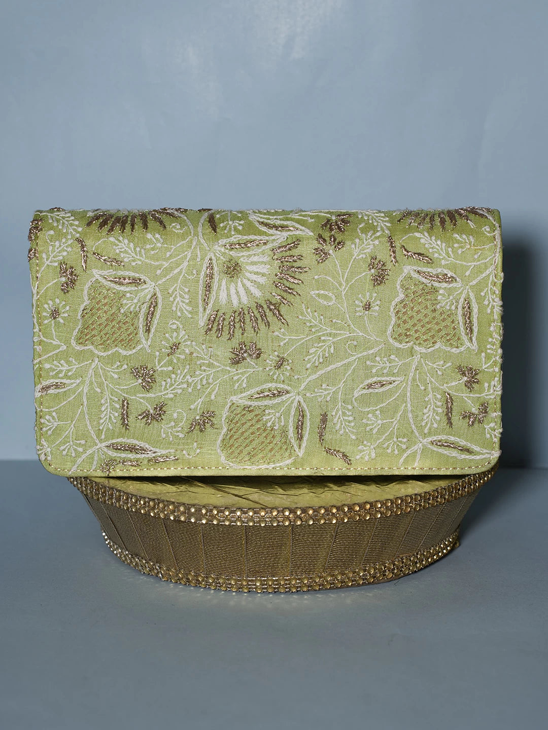 Ada Hand Embroidered Green Silk Lucknowi Chikankari Clutch With Zari Work 01A506854