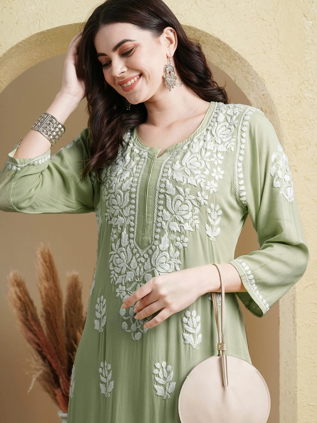 Ada Hand Embroidered Sage Green Rayon Lucknowi Chikankari Straight Kurta A411516
