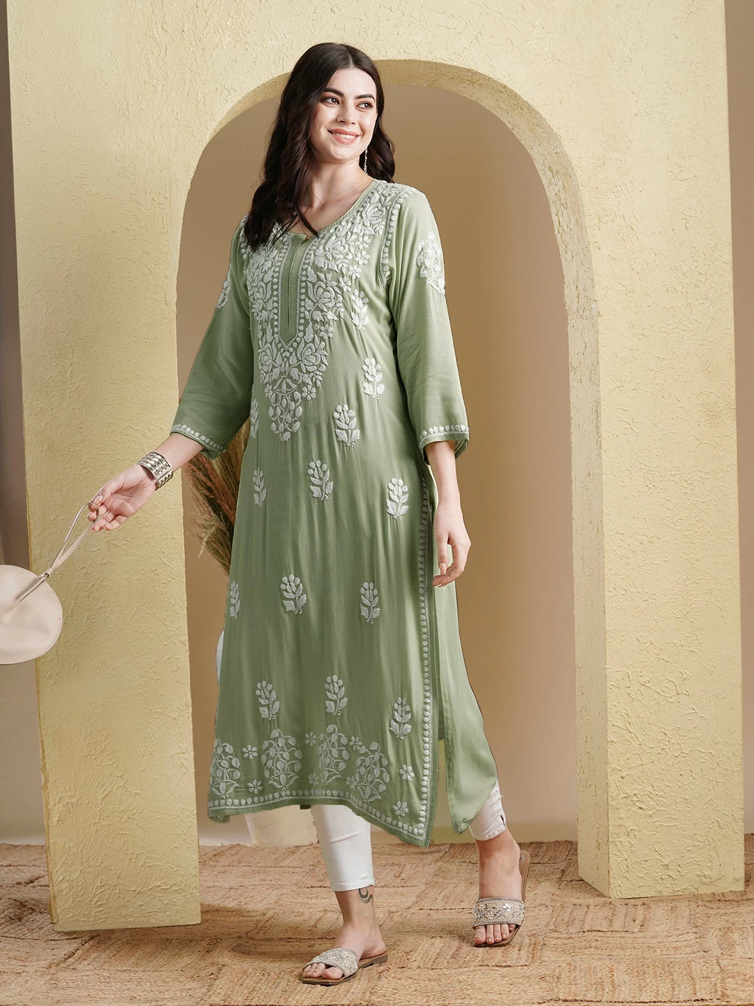 Ada Hand Embroidered Sage Green Rayon Lucknowi Chikankari Straight Kurta A411516