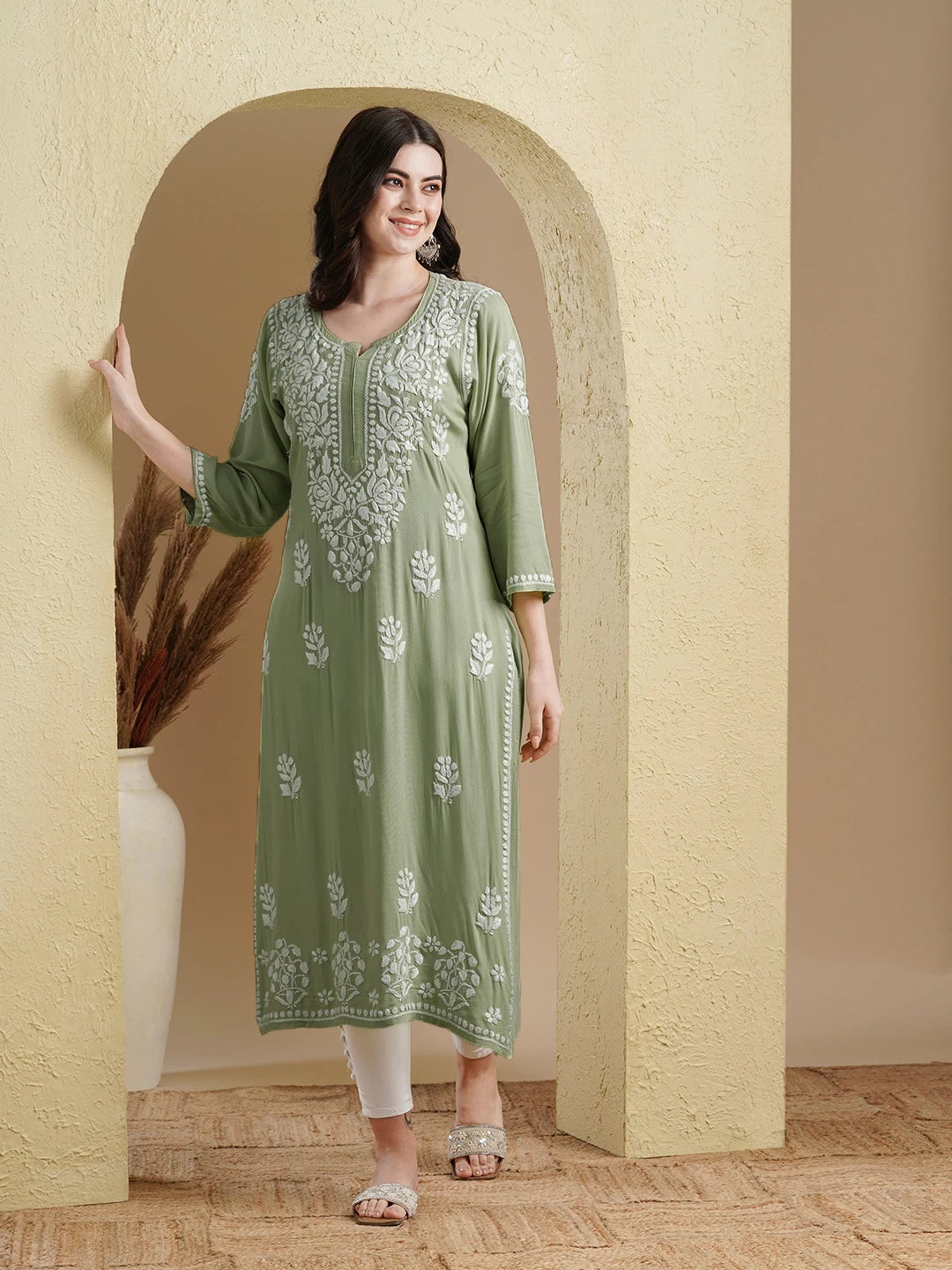 Ada Hand Embroidered Sage Green Rayon Lucknowi Chikankari Straight Kurta A411516