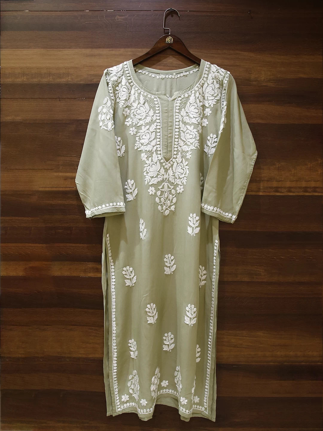 Ada Hand Embroidered Sage Green Rayon Lucknowi Chikankari Straight Kurta A411516