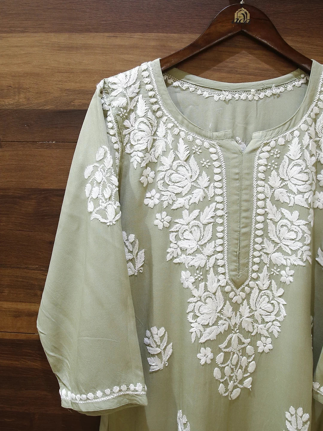 Ada Hand Embroidered Sage Green Rayon Lucknowi Chikankari Straight Kurta A411516