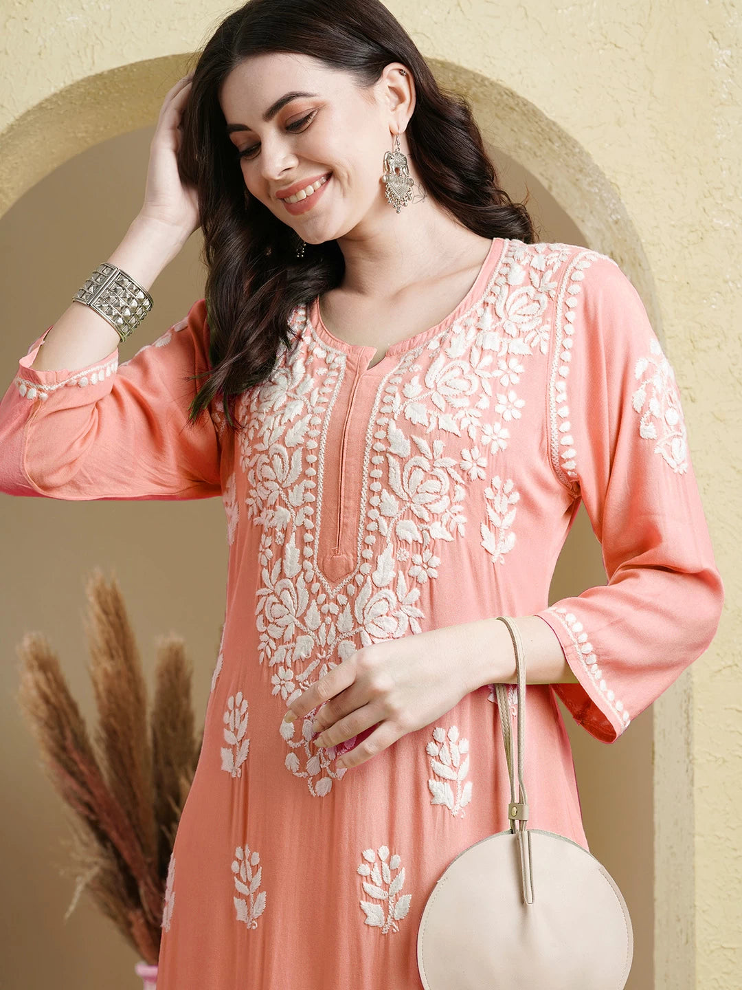 Ada Hand Embroidered Peach Rayon Lucknowi Chikankari Straight Kurta A411512