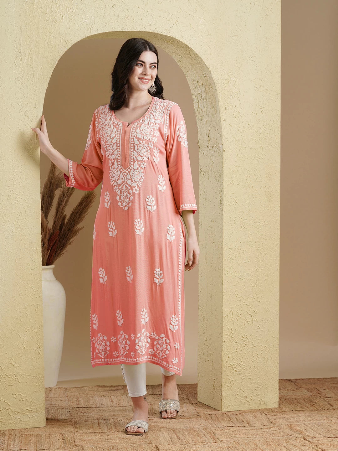 Ada Hand Embroidered Peach Rayon Lucknowi Chikankari Straight Kurta A411512