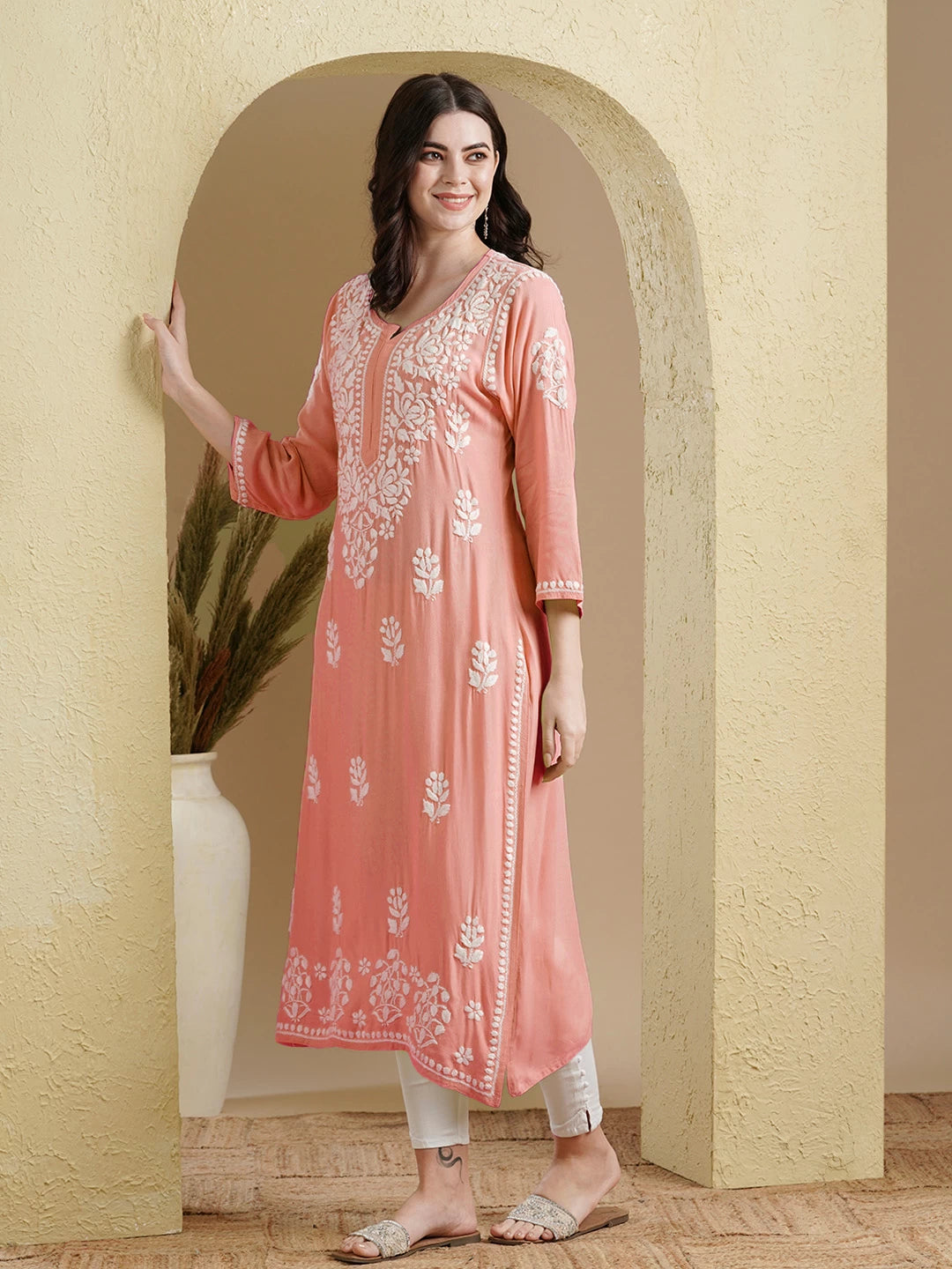Ada Hand Embroidered Peach Rayon Lucknowi Chikankari Straight Kurta A411512