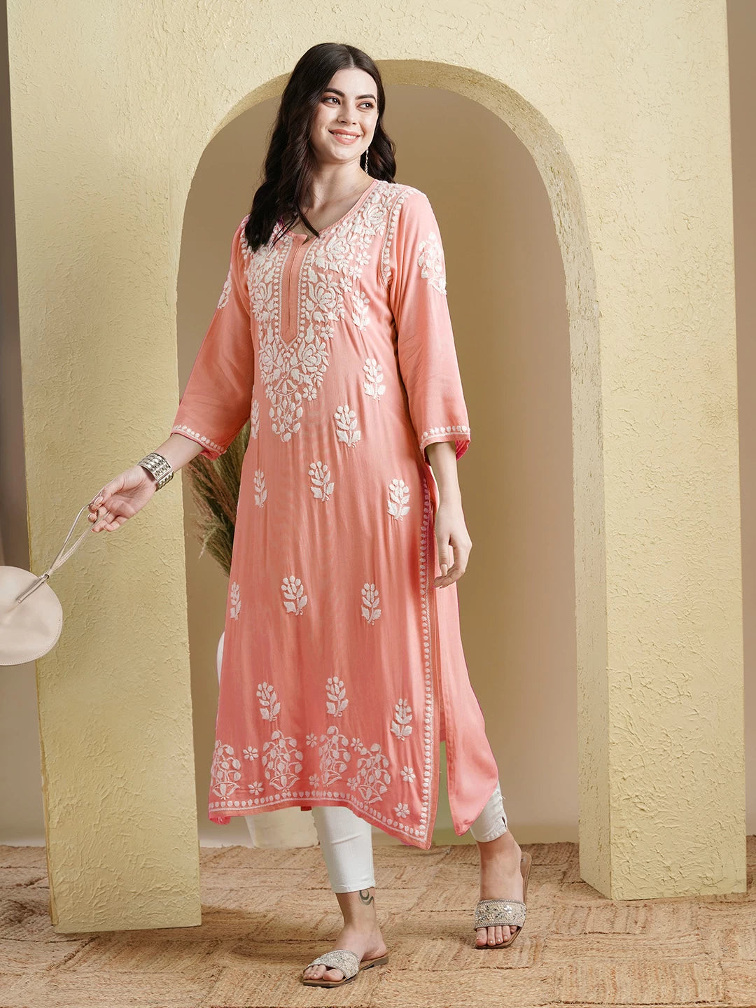 Ada Hand Embroidered Peach Rayon Lucknowi Chikankari Straight Kurta A411512