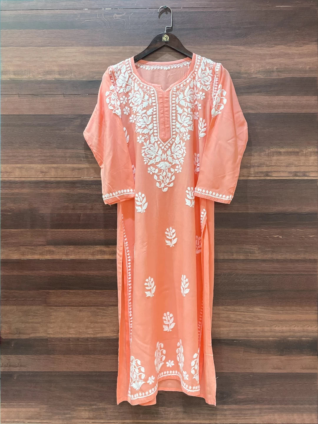 Ada Hand Embroidered Peach Rayon Lucknowi Chikankari Straight Kurta A411512