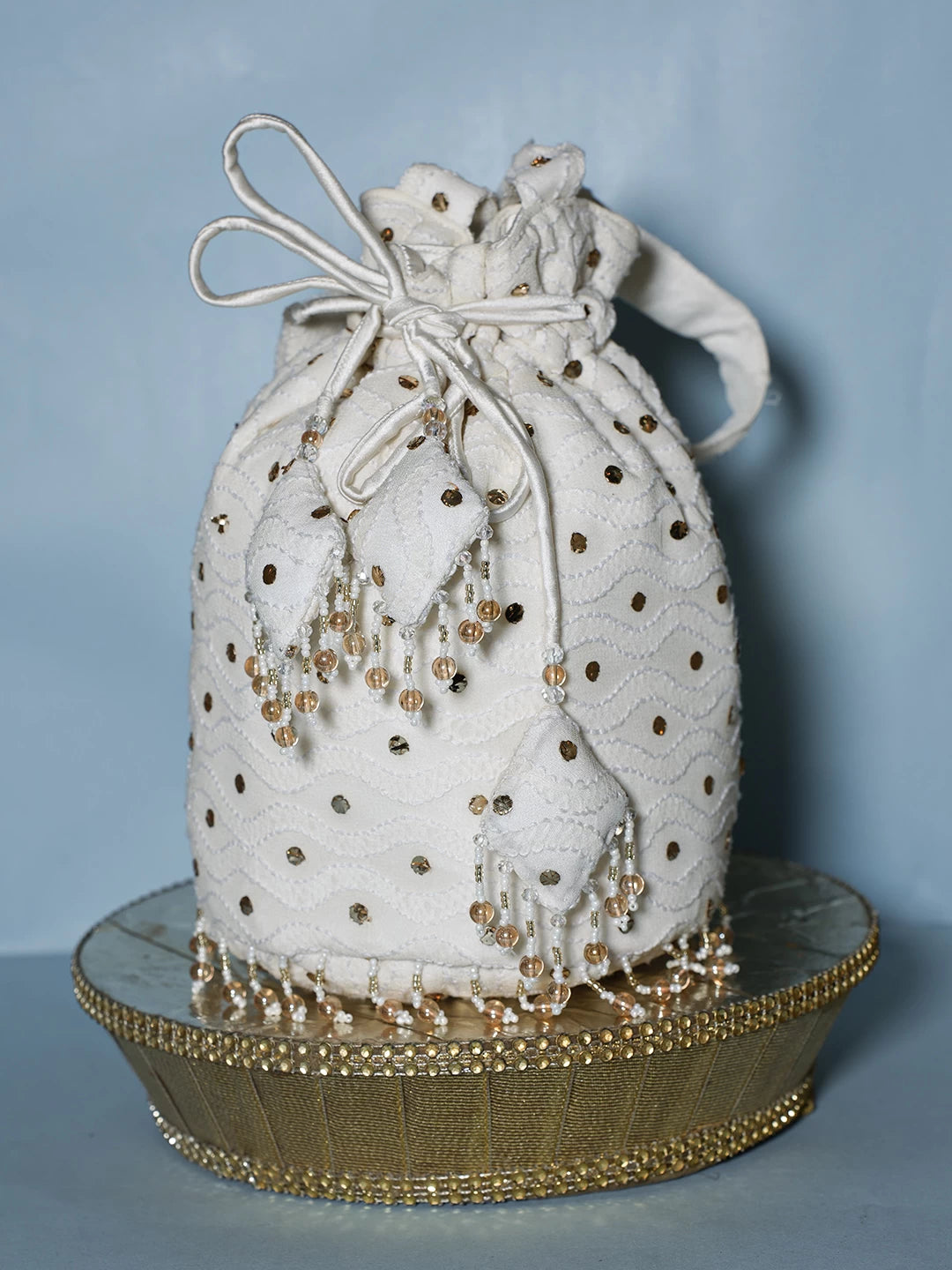 Ada Hand Embroidered Off White Viscsoe Georgette Lucknowi Chikankari Potli Bag With Mukaish Work 01A513053