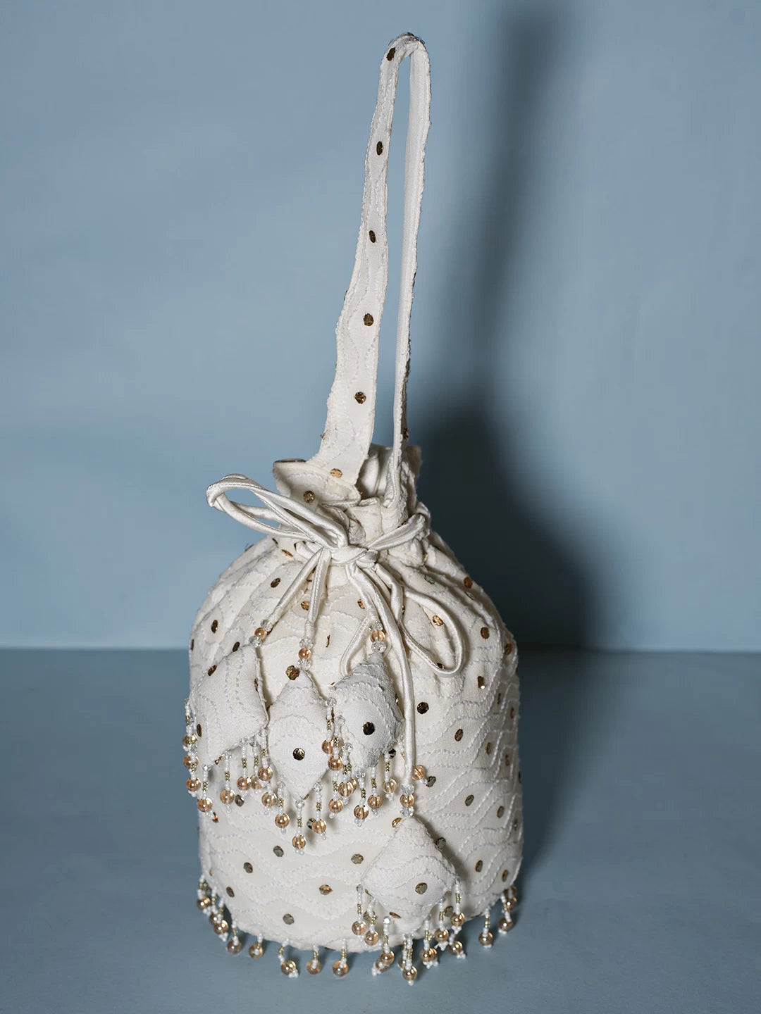 Ada Hand Embroidered Off White Viscsoe Georgette Lucknowi Chikankari Potli Bag With Mukaish Work 01A513053