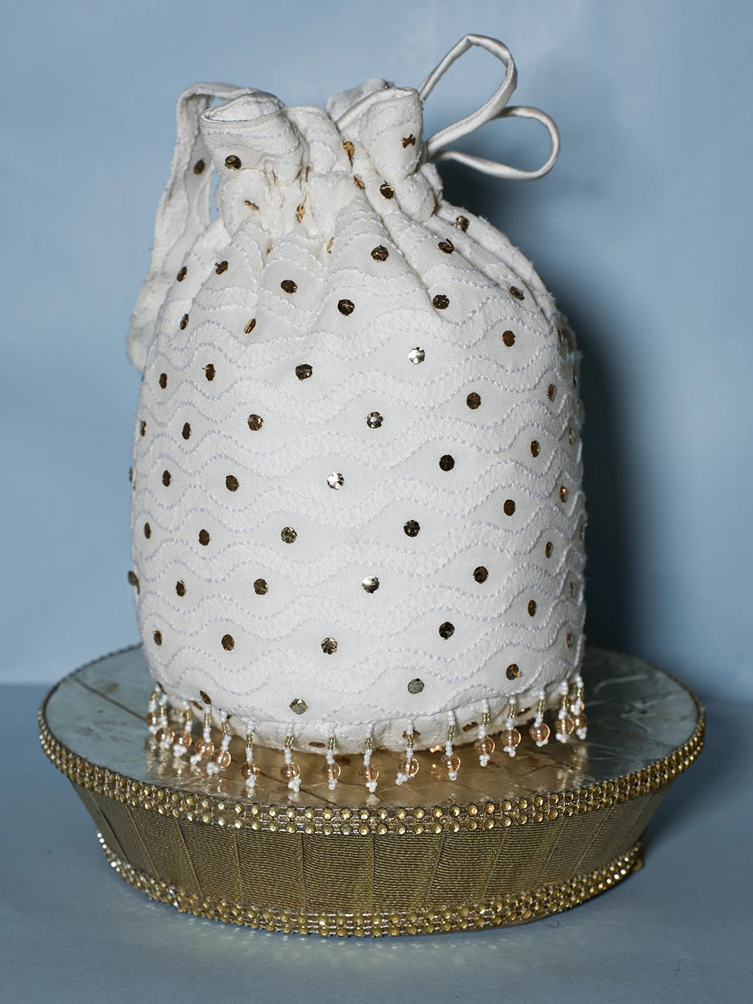 Ada Hand Embroidered Off White Viscsoe Georgette Lucknowi Chikankari Potli Bag With Mukaish Work 01A513053