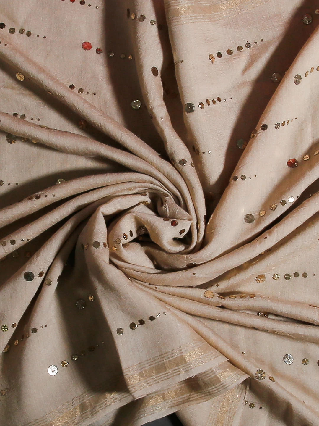 Ada Hand Embroidered Natural Fawn Tussar Silk Dupatta With Mukaish Work A581226