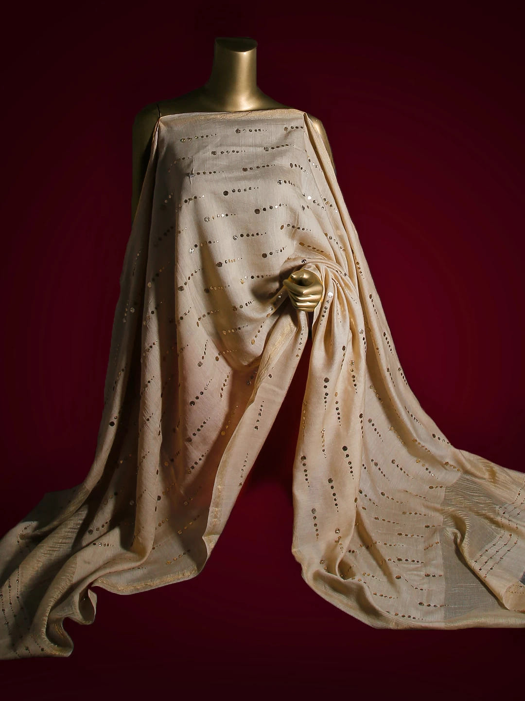 Ada Hand Embroidered Natural Fawn Tussar Silk Dupatta With Mukaish Work A581226