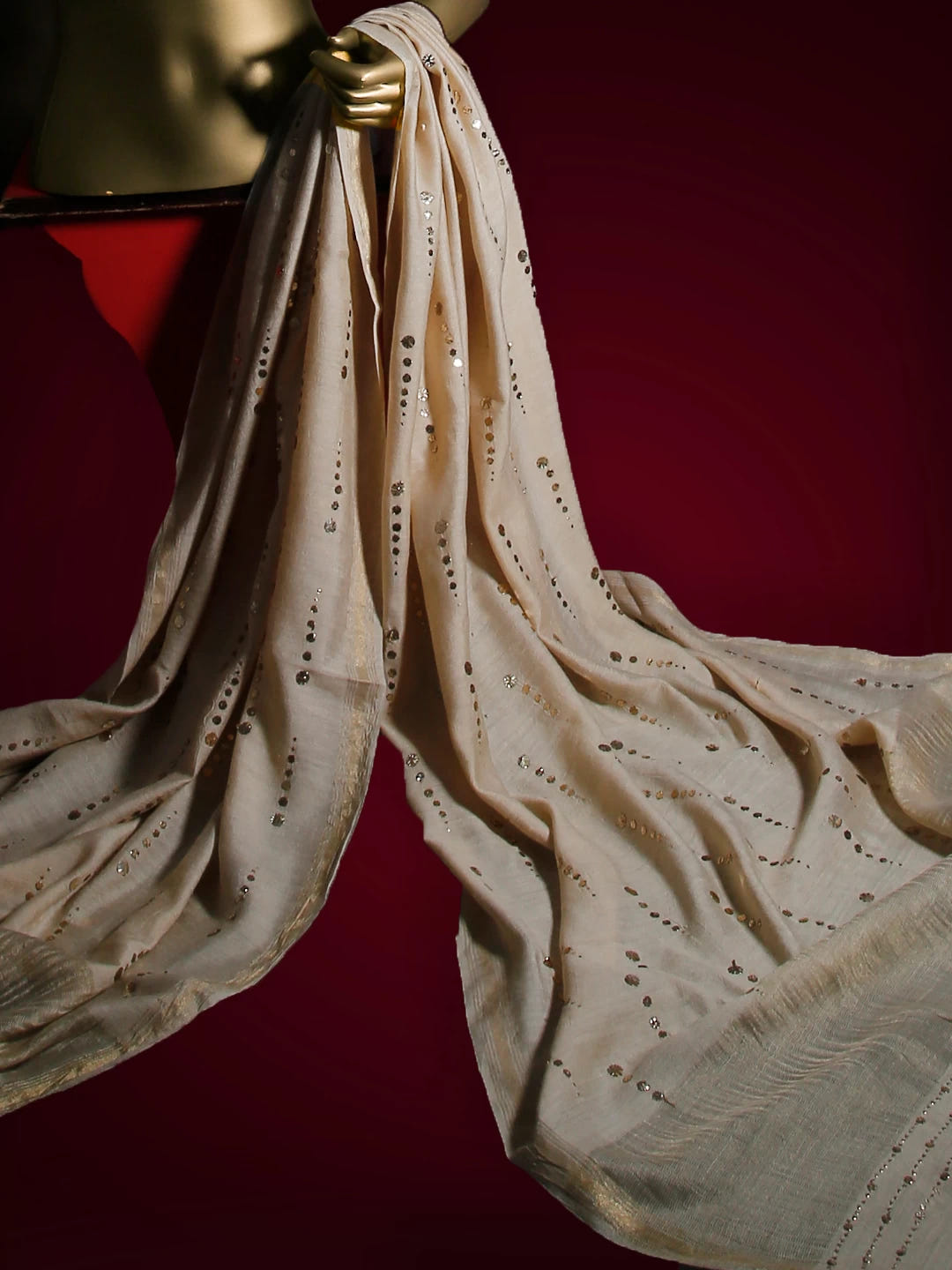 Ada Hand Embroidered Natural Fawn Tussar Silk Dupatta With Mukaish Work A581226