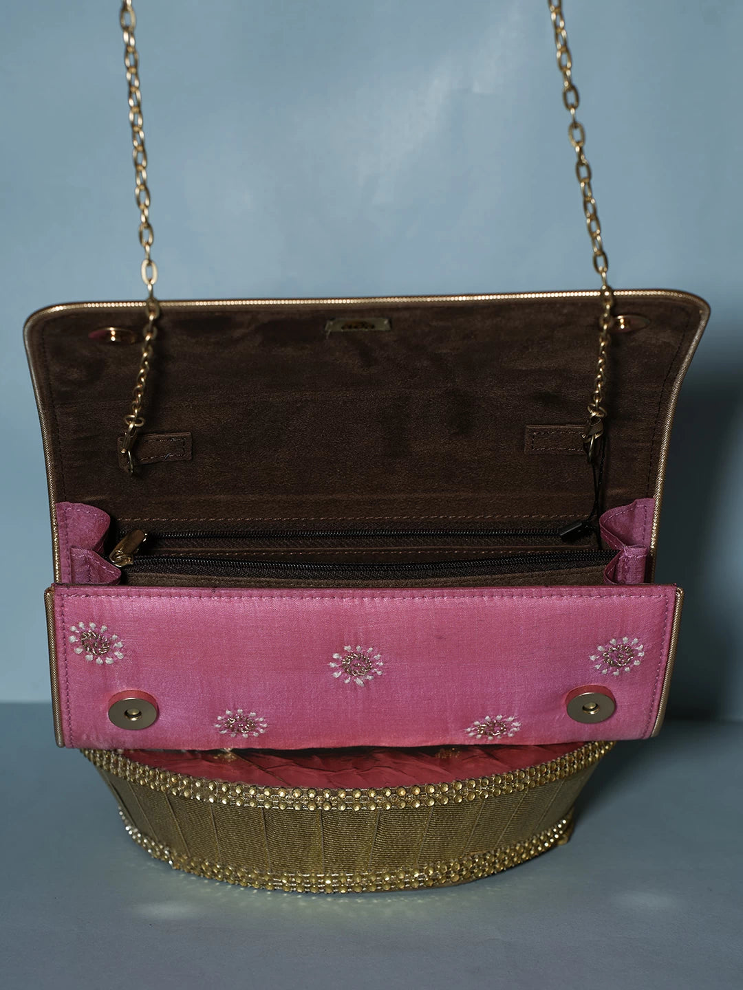Ada Hand Embroidered Fuchsia Pink Silk Lucknowi Chikankari Clutch With Zari Work 01A206235