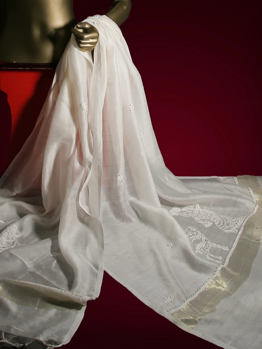 Ada Hand Embroidered Ivory White Chanderi Chikankari Dupatta With Muqaish Work 01A497408