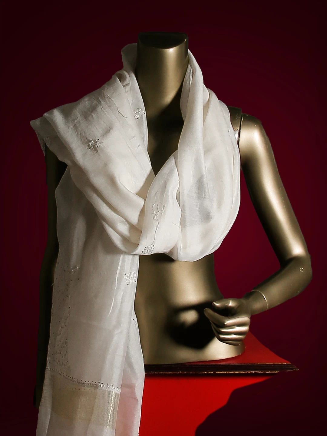 Ada Hand Embroidered Ivory White Chanderi Chikankari Dupatta With Muqaish Work 01A497408