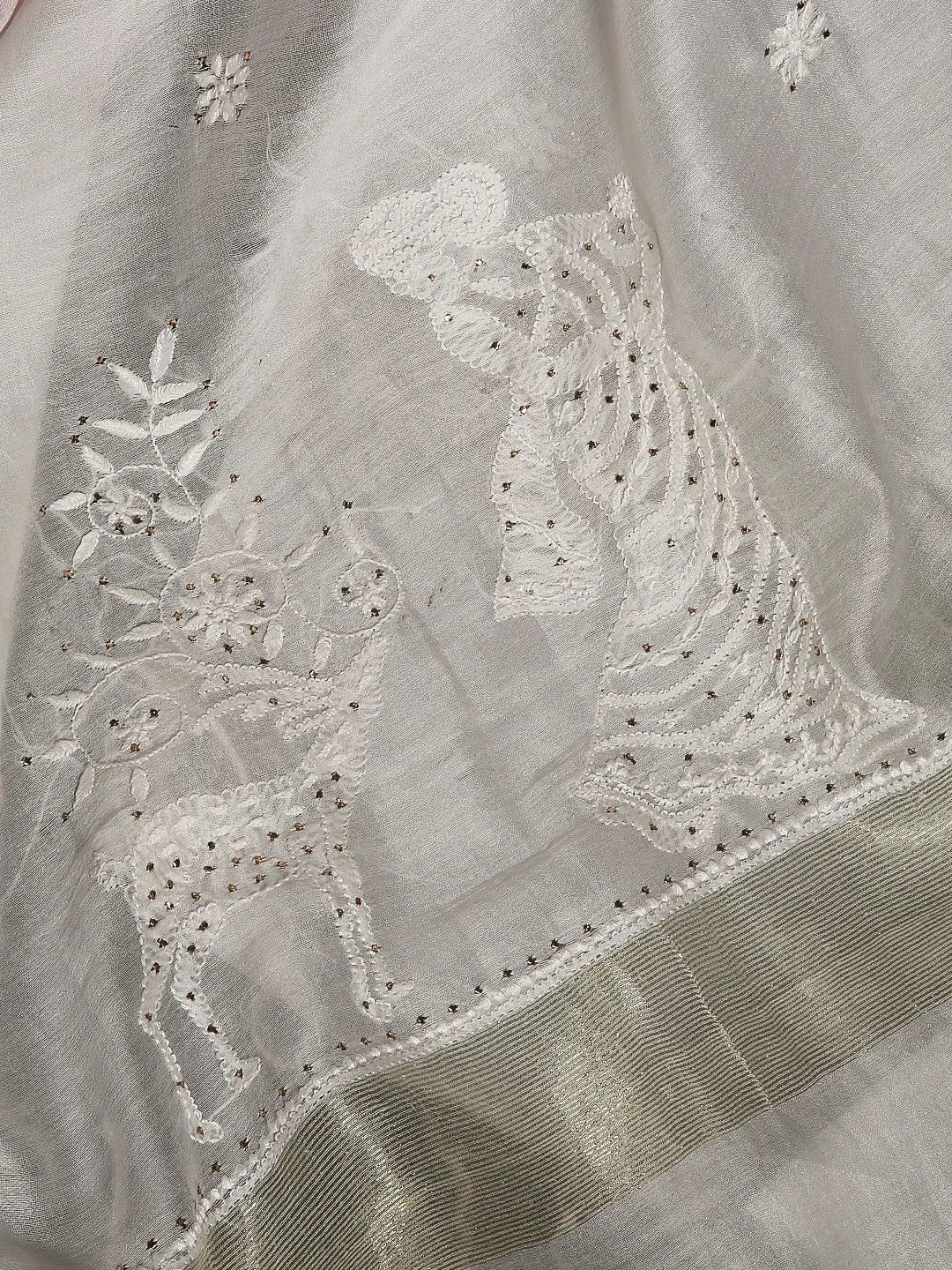 Ada Hand Embroidered Ivory White Chanderi Chikankari Dupatta With Muqaish Work 01A497408