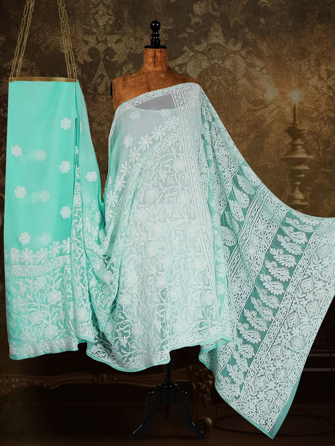 Ada Hand Embroidered Sea Green Georgette Lucknowi Chikankari Saree With Blouse 01A424885