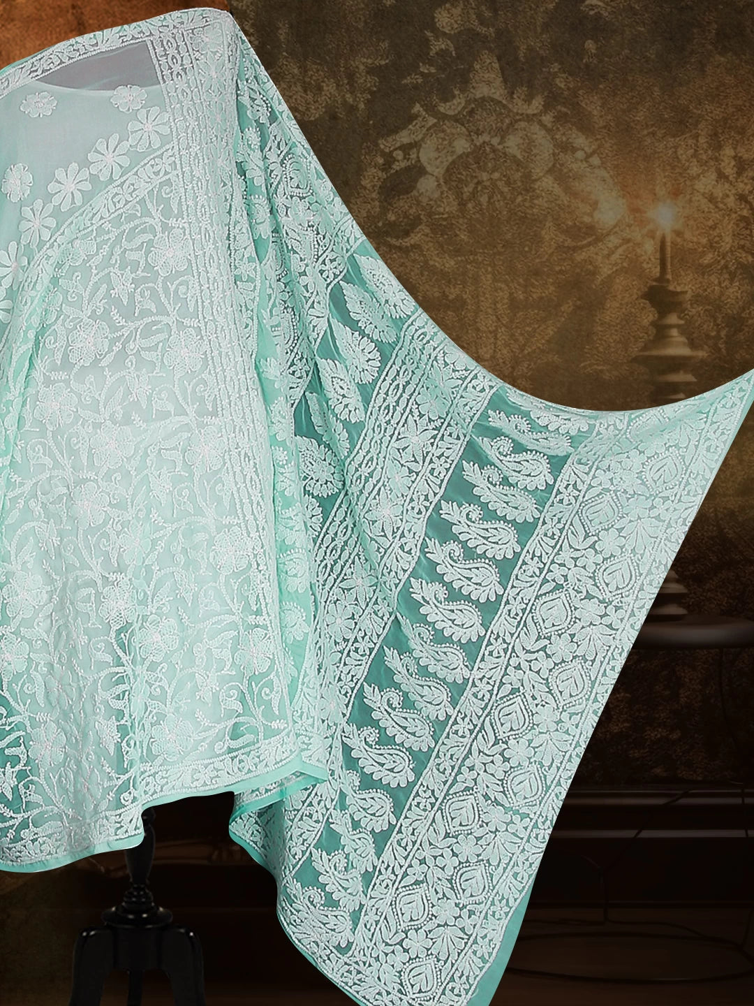 Ada Hand Embroidered Sea Green Georgette Lucknowi Chikankari Saree With Blouse 01A424885