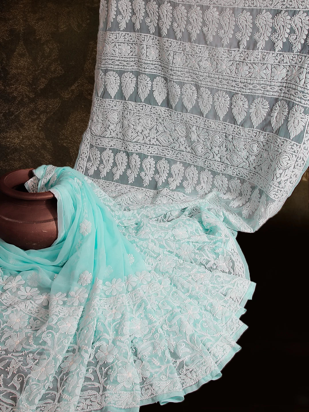 Ada Hand Embroidered Sea Green Georgette Lucknowi Chikankari Saree With Blouse 01A424885
