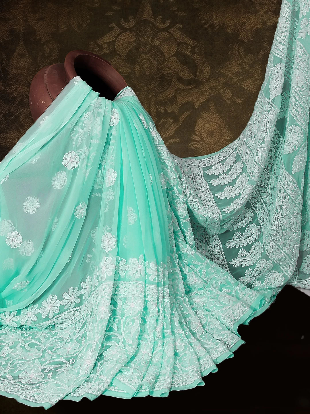 Ada Hand Embroidered Sea Green Georgette Lucknowi Chikankari Saree With Blouse 01A424885