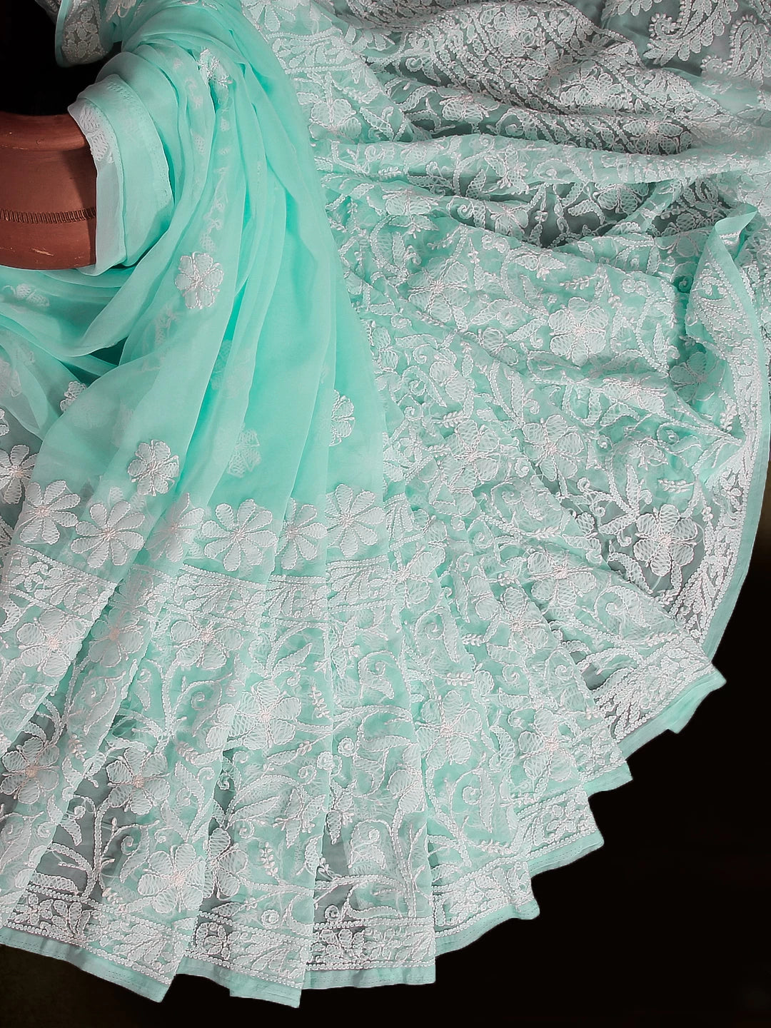 Ada Hand Embroidered Sea Green Georgette Lucknowi Chikankari Saree With Blouse 01A424885