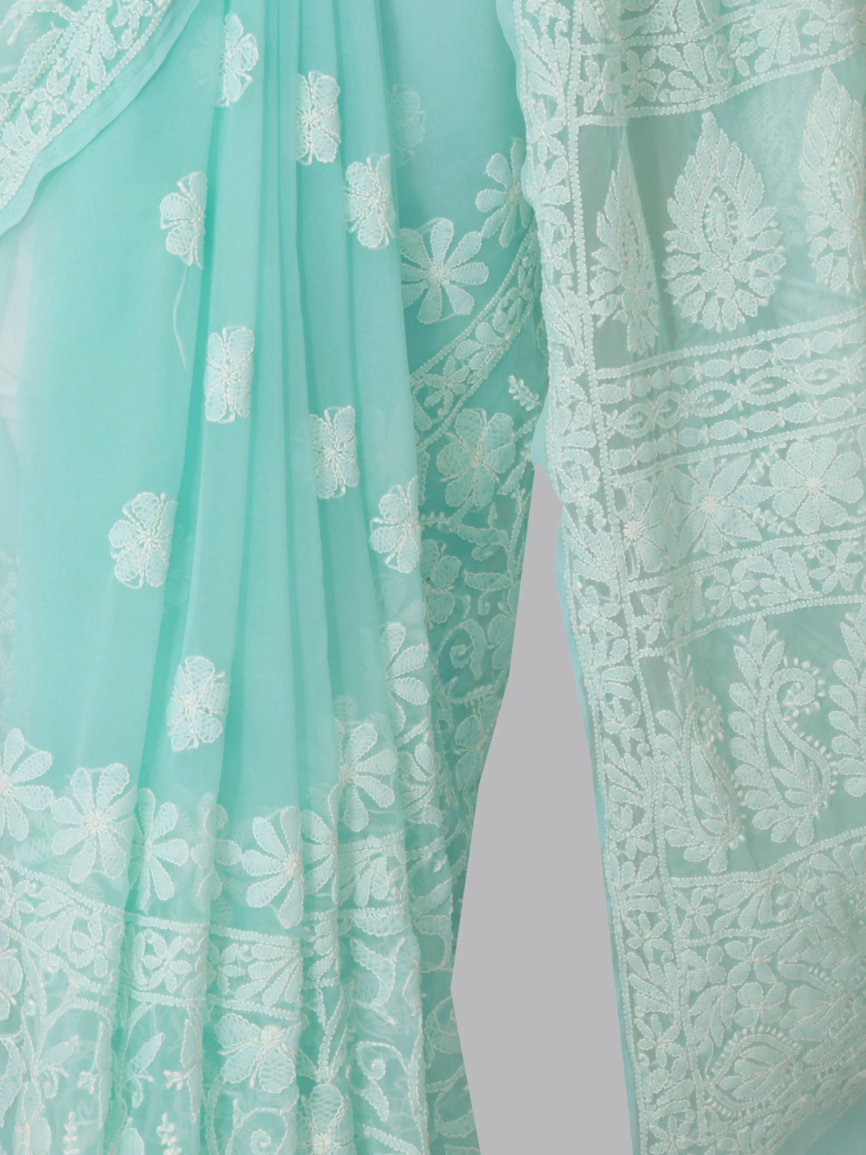 Ada Hand Embroidered Sea Green Georgette Lucknowi Chikankari Saree With Blouse 01A424885